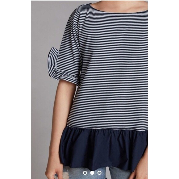 MAEVE Anthropologie Large tunic Top Navy white Stripe Ruffle short sleeve‎ round - Picture 2 of 7
